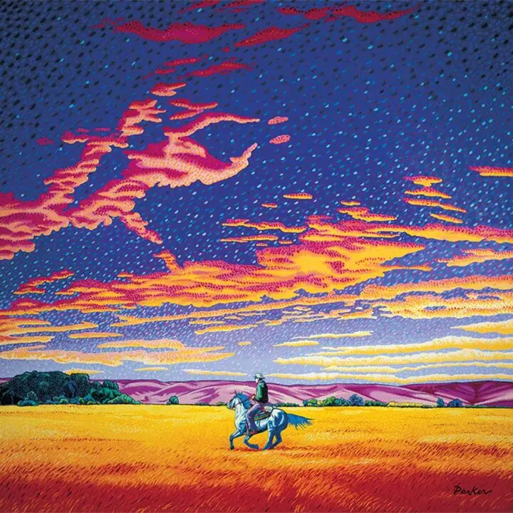 Western aesthetic cowboy art print showing a lone rider on horseback against a sunset desert horizon in warm orange tones.