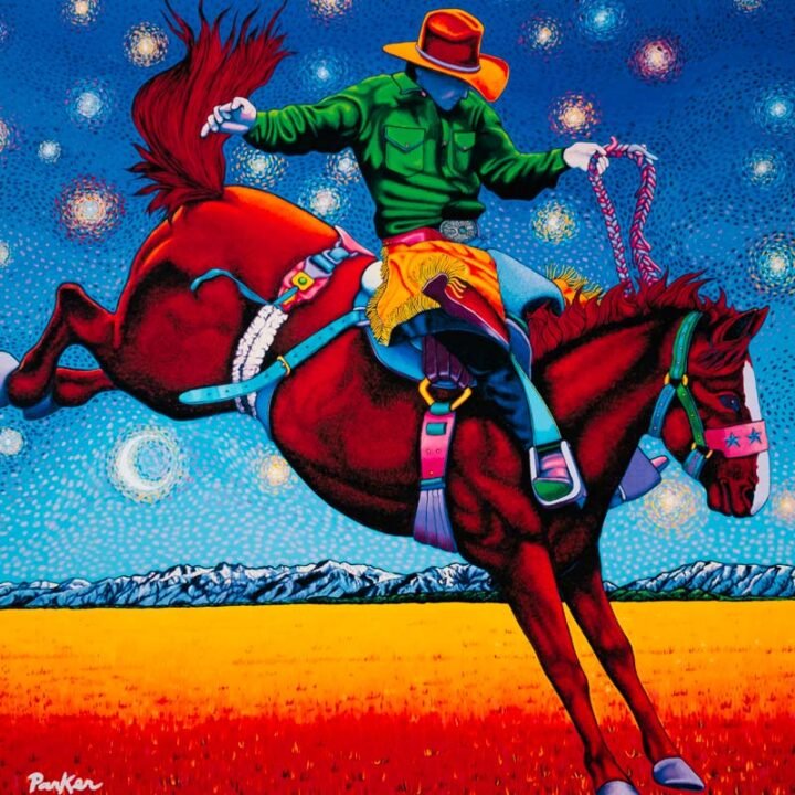 Western aesthetic rodeo art detail from ‘Over the Moon’ highlighting expressive brushstrokes and radiant moonlit sky.