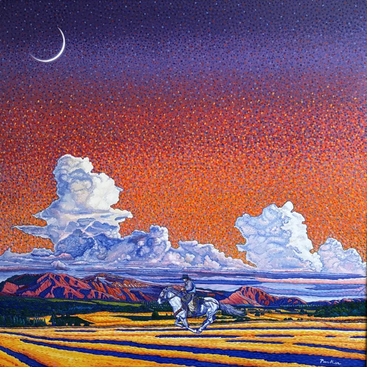 Painting of a cowboy riding in the great plains. Colorful mountains and sky are in the background with monumental clouds hovering in the distance.